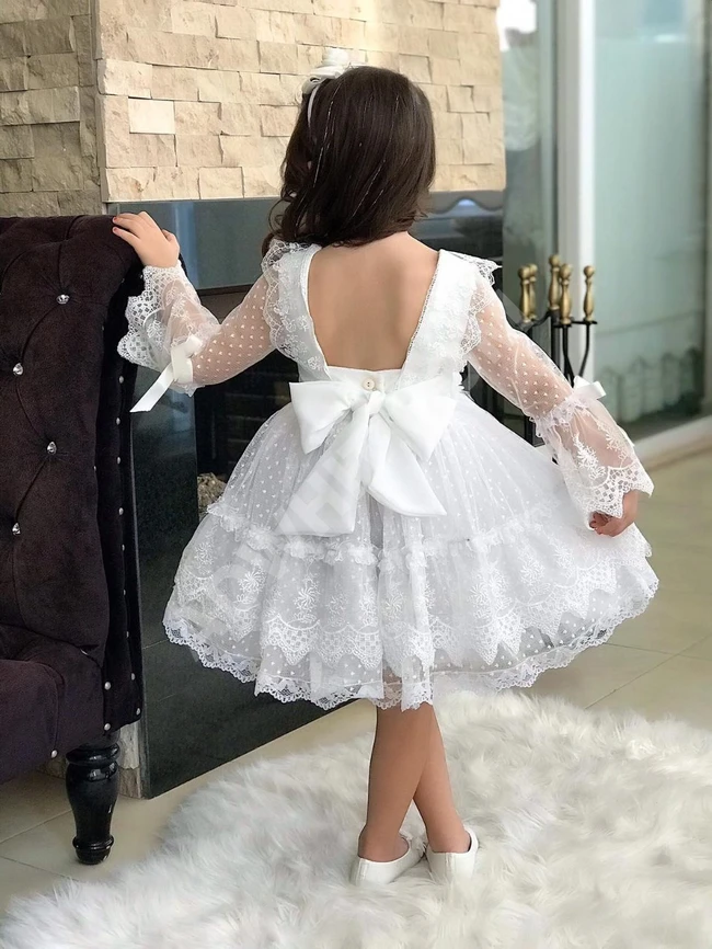 فستان أبيض بناتي دانتيل تقيل