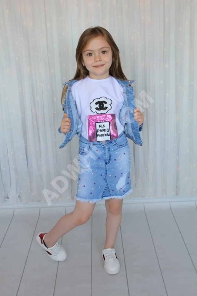 طقم جينز ثلاث قطع بناتي