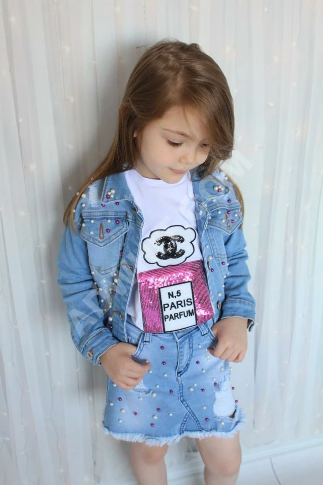 طقم جينز ثلاث قطع بناتي