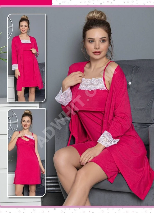 طقم نوم نسائي ثلاث قطع 