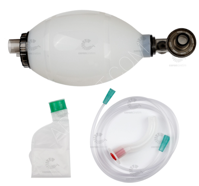 جهاز تنفس صناعي يدوي قابل لإعادة الاستخدام / جهاز إنعاش سيليكون - أمبو (1 قناع + 1 مجرى هوائي) Reusable Manual Artificial Respirator / Resuscitator Silicone ‐ Ambu (1 maske + 1 airway)