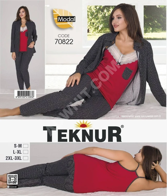 طقم نوم نسائي ثلاث قطع 