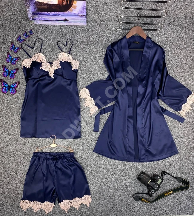 طقم نوم ثلاث قطع ساتان حرير 