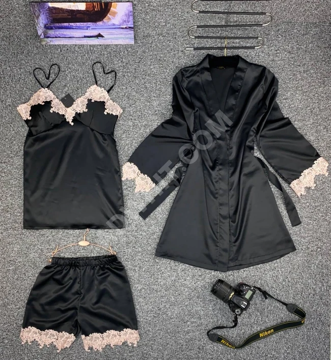 طقم نوم ثلاث قطع ساتان حرير 